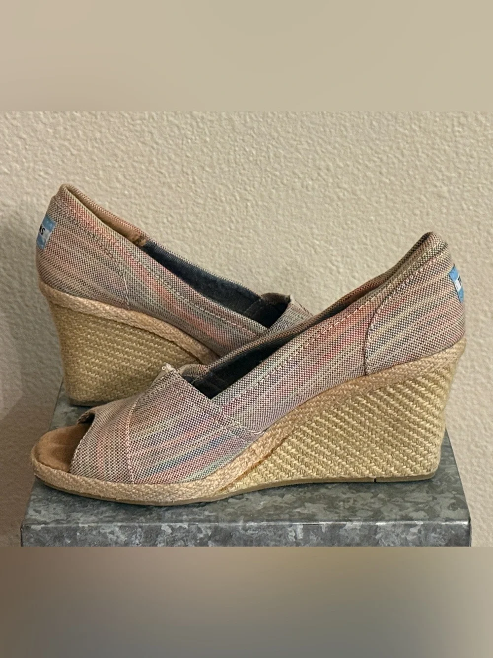 Toms Rainbow Stripe Canvas Wedge Espadrille Peep Toe, Size 9.5